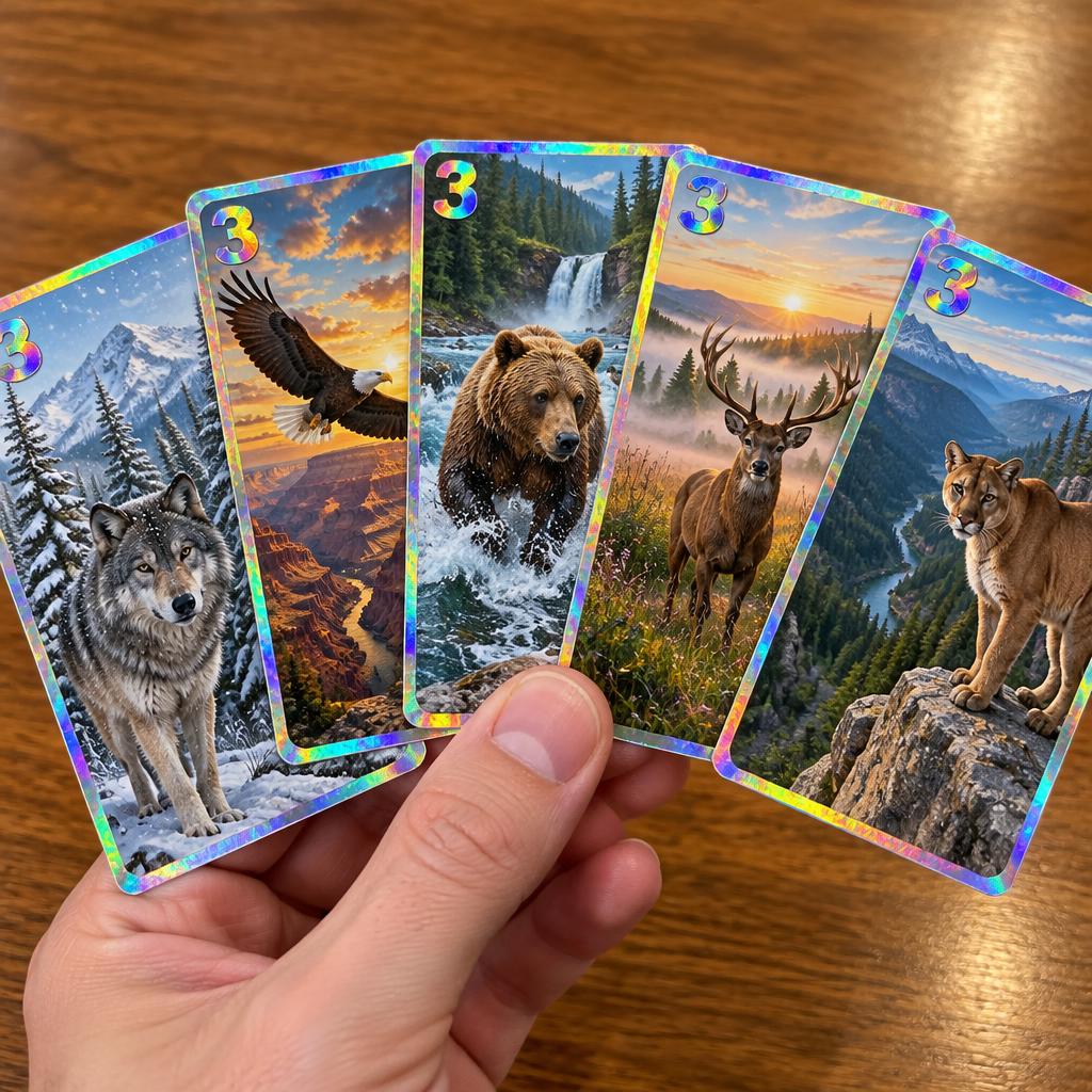 A hand fanning out five shiny holographic trading cards, each with a bold 3 in the corner and a wildlife photo portrait — wolf, eagle, bear, deer, and mountain lion — on a wooden table