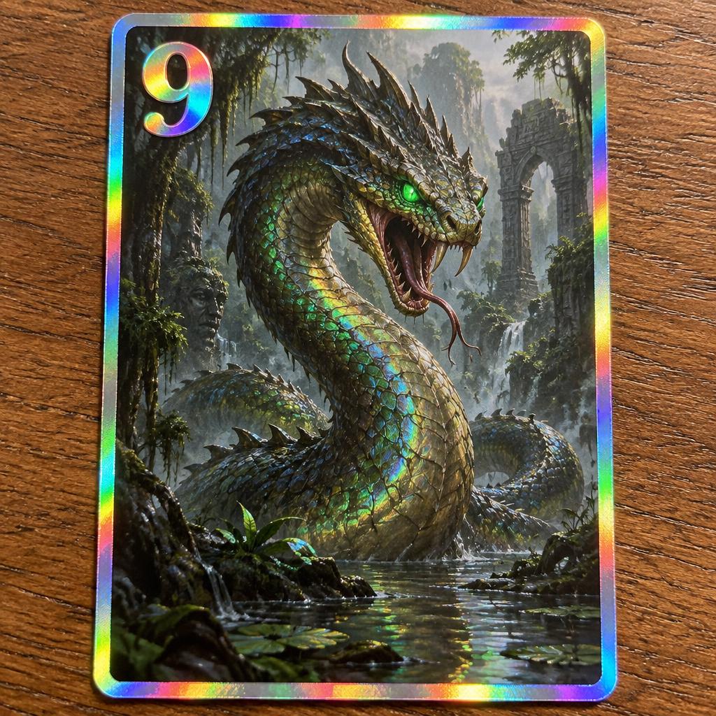 A single shiny holographic trading card with a rainbow foil border, a bold rainbow 9 in the top-left corner, and a realistic giant basilisk serpent rising from a misty jungle swamp with ancient stone ruins, standing on a wooden table