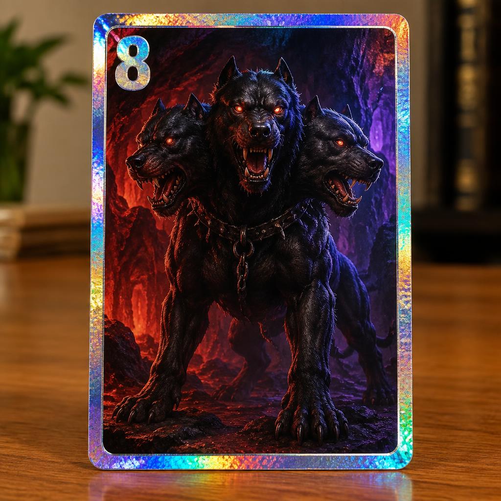 A single shiny holographic trading card with a bold 8 in the corner and a realistic three-headed Cerberus portrait, standing on a wooden table