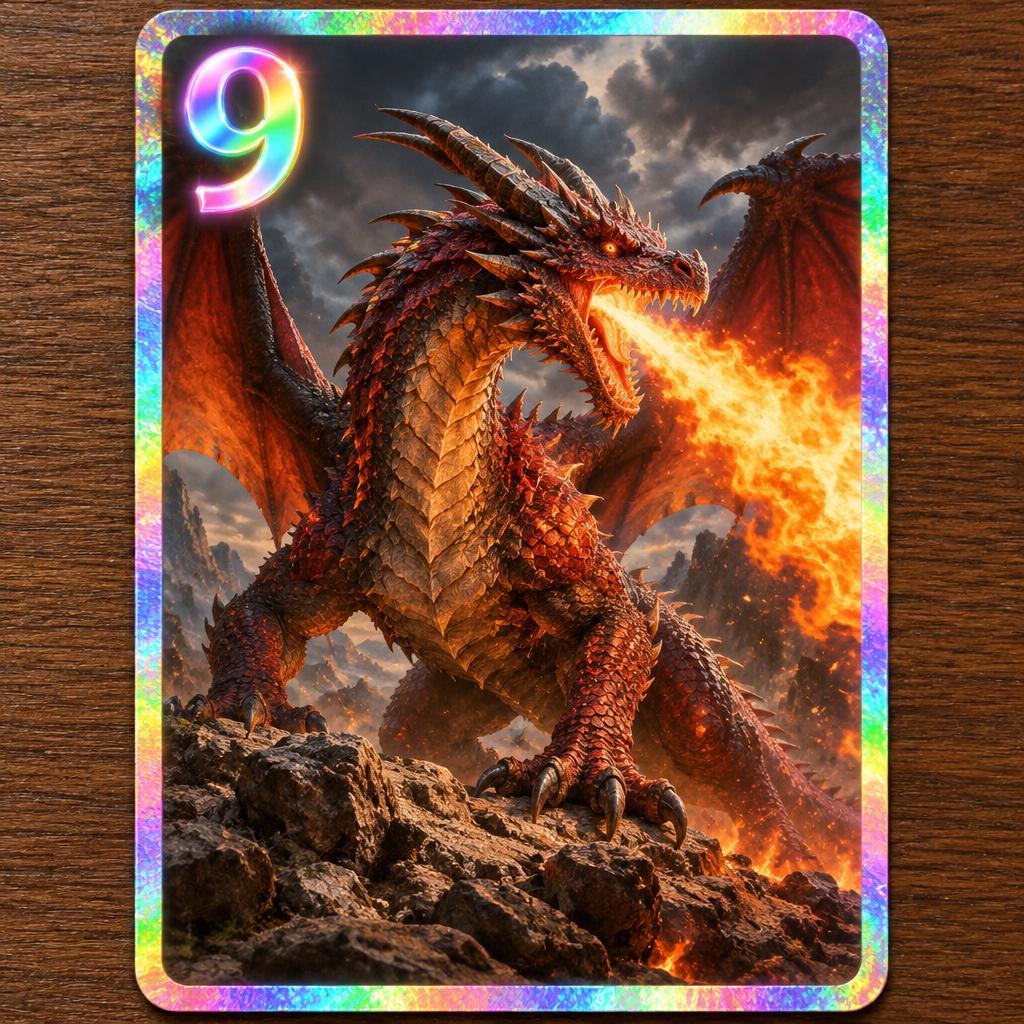 A single shiny holographic trading card with a bold 9 in the corner and a realistic fire dragon breathing flames, standing on a wooden table