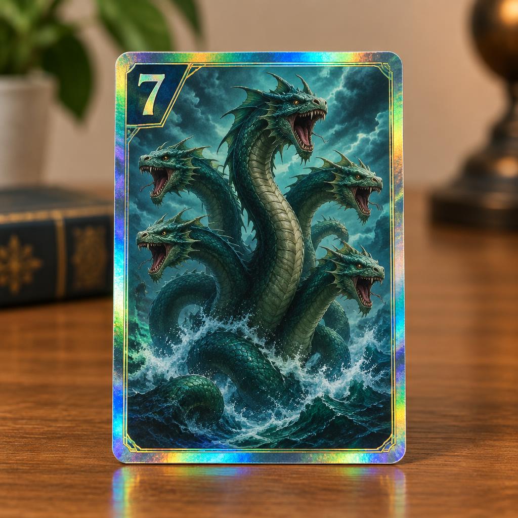 A single shiny holographic trading card with a bold 7 in the corner and a realistic Hydra portrait, standing on a wooden table
