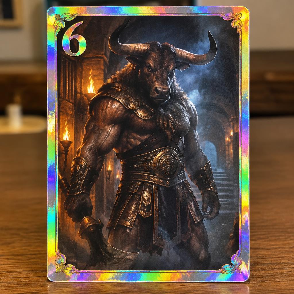 A single shiny holographic trading card with a bold 6 in the corner and a realistic minotaur portrait, standing on a wooden table