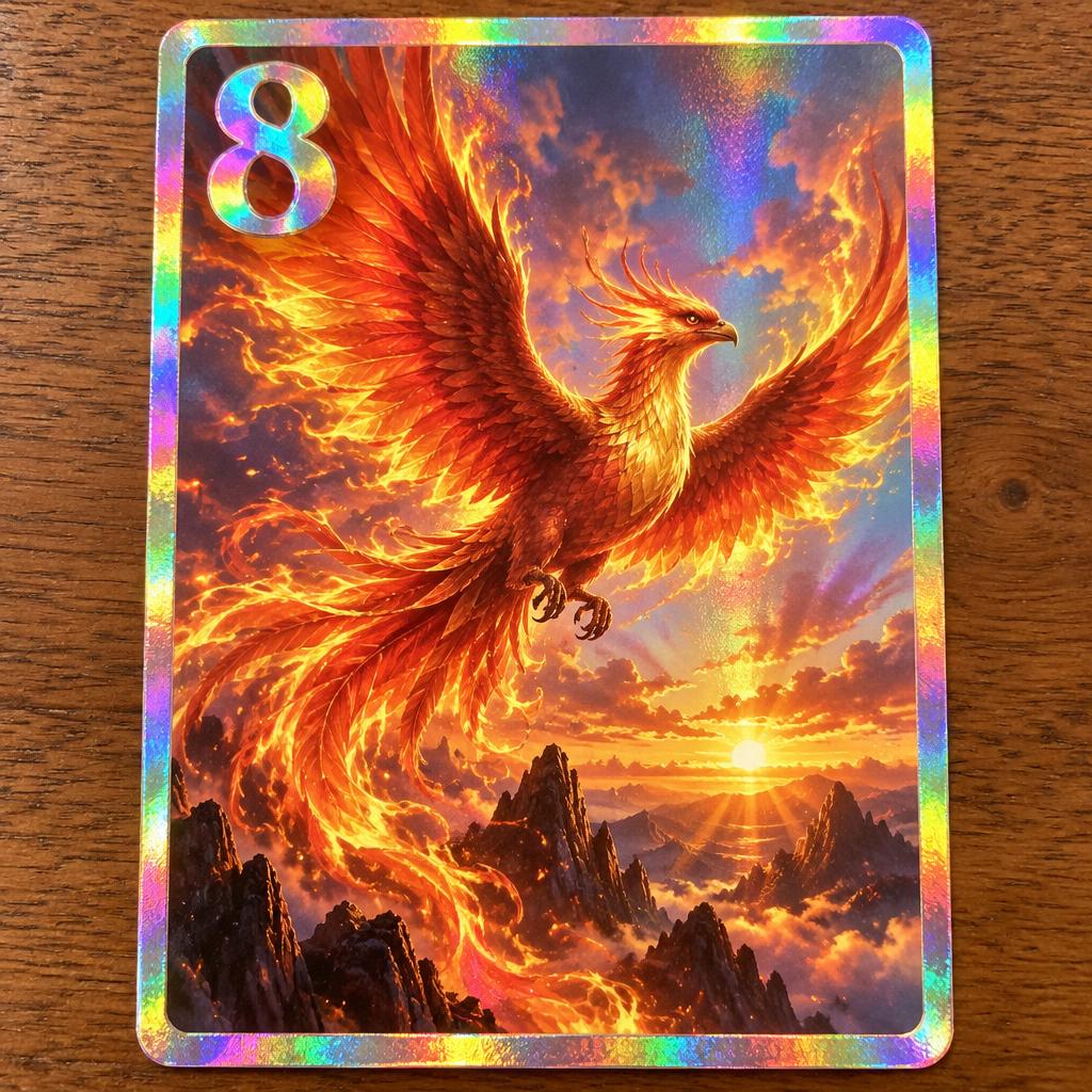 A single shiny holographic trading card with a rainbow foil border, a bold 8 in the corner, and a realistic fiery phoenix in flight over mountains at sunrise, standing on a wooden table