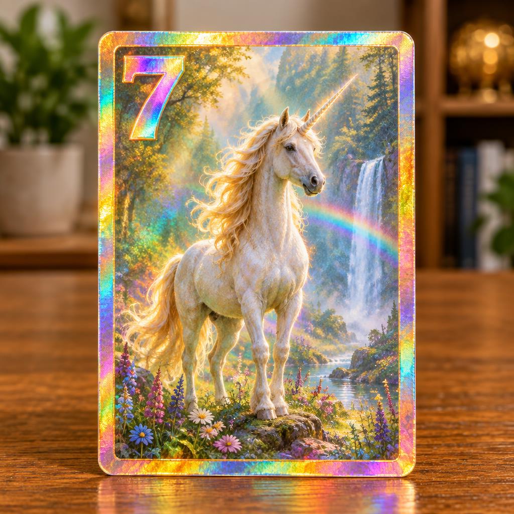 A single shiny holographic trading card with a rainbow foil border, a bold 7 in the corner, and a realistic white unicorn with a golden mane in an enchanted forest clearing, standing on a wooden table