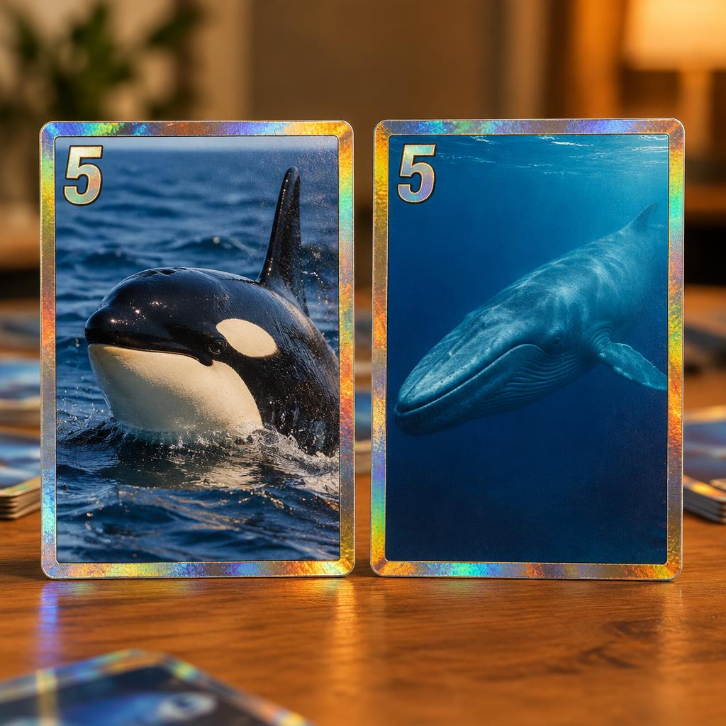 Two shiny holographic trading cards standing side by side, one with an orca and one with a blue whale, each with a bold 5 in the corner, on a wooden table