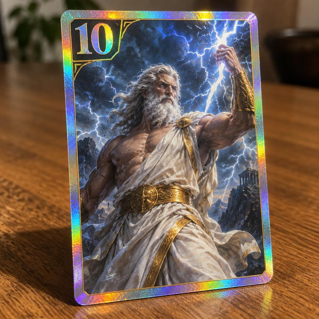 A single shiny holographic trading card with a bold 10 in the corner and a realistic Zeus holding a lightning bolt, standing on a wooden table
